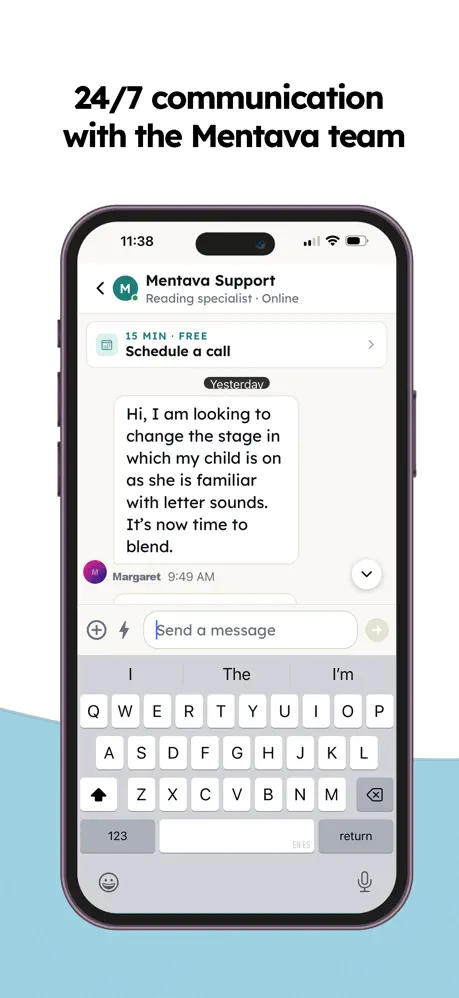 Mentava Parent app conversation: a parent asks the support team about moving their child from letter sounds to blending.