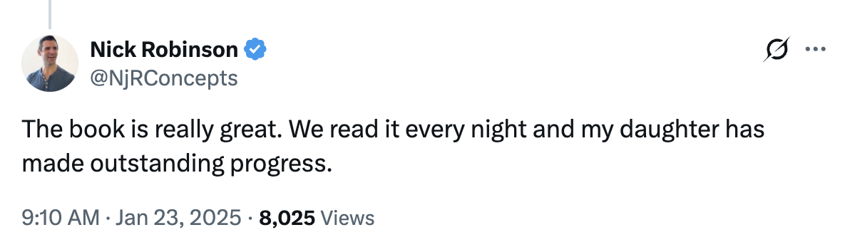 A parent says they read the Alphabet Sounds book every night and their daughter has made outstanding progress.